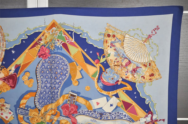 Authentic HERMES Carre 90 Scarf "Mon Ami Pierrot" Silk Blue 7389I