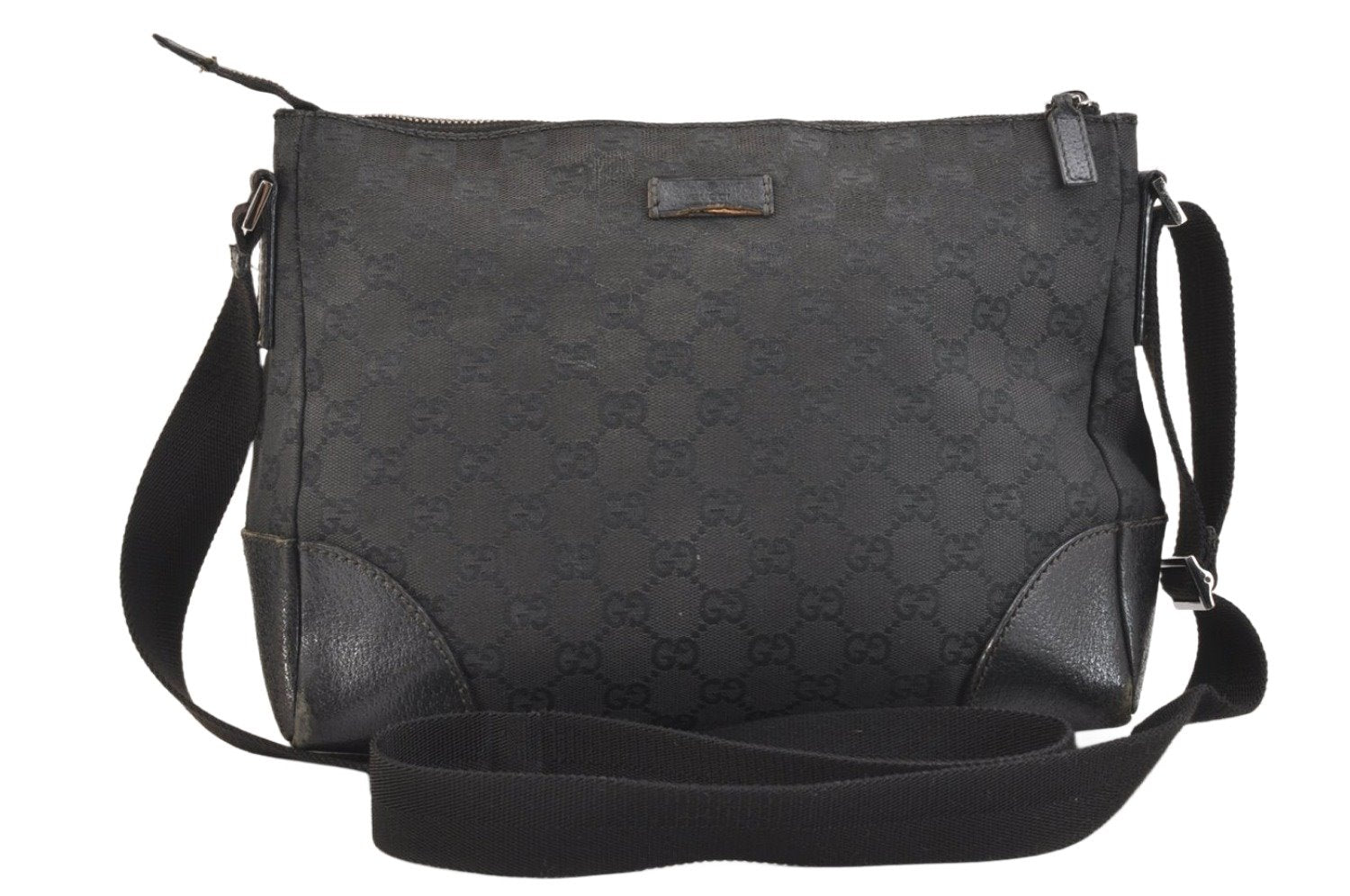 Authentic GUCCI Shoulder Cross Body Bag GG Canvas Leather 114273 Black 7389K