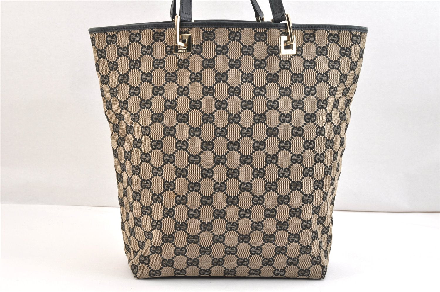 Authentic GUCCI Shoulder Tote Bag GG Canvas Leather 0021098 Black Beige 7391K