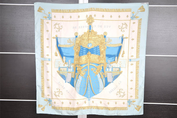 Authentic HERMES Carre 90 Scarf "VUE DU CARROSSE DE LA" Silk Light Blue 7400I