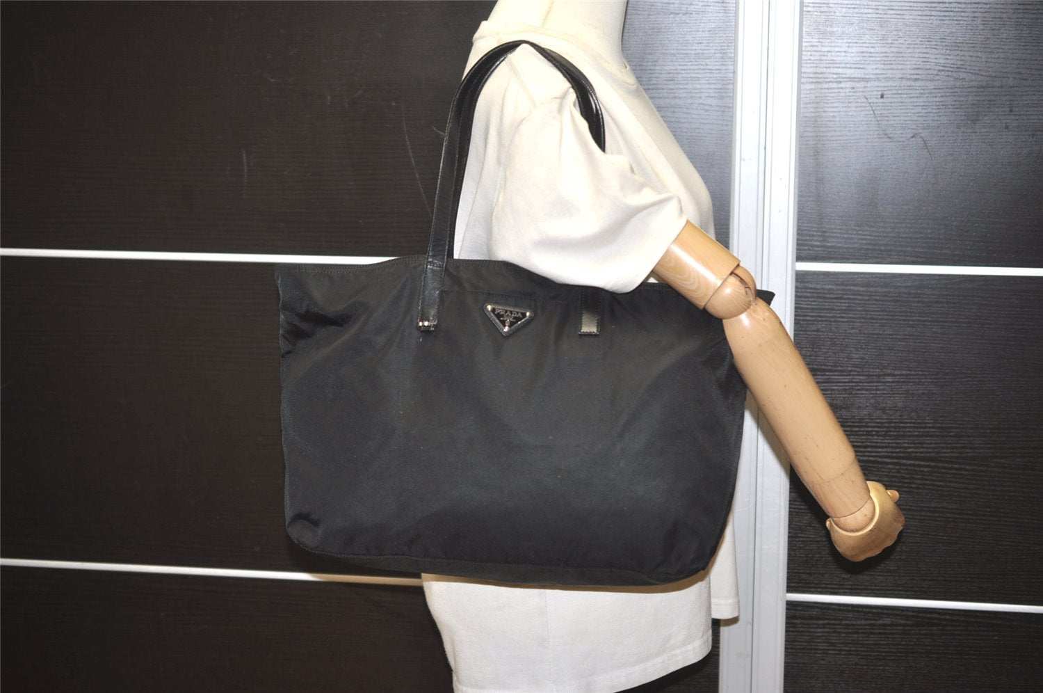 Authentic PRADA Vintage Nylon Tessuto Leather Shoulder Tote Bag Black 7401I