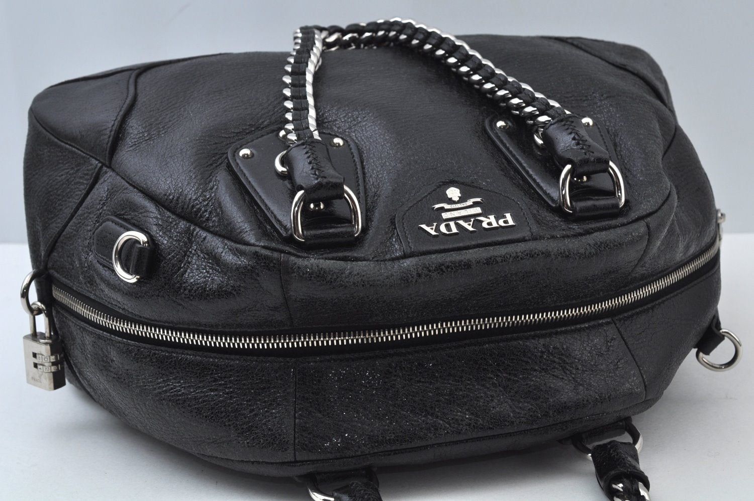 Authentic PRADA Vintage Leather 2Way Chain Shoulder Hand Bag Black 7402I