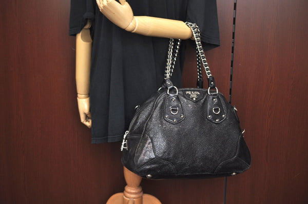 Authentic PRADA Vintage Leather 2Way Chain Shoulder Hand Bag Black 7402I