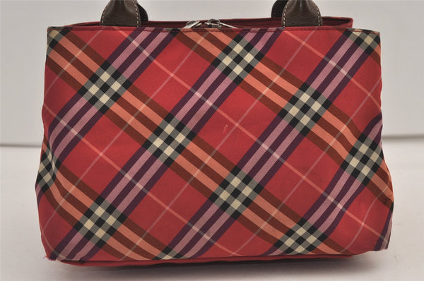 Authentic BURBERRY BLUE LABEL Check Hand Bag Purse Nylon Leather Red 7403J