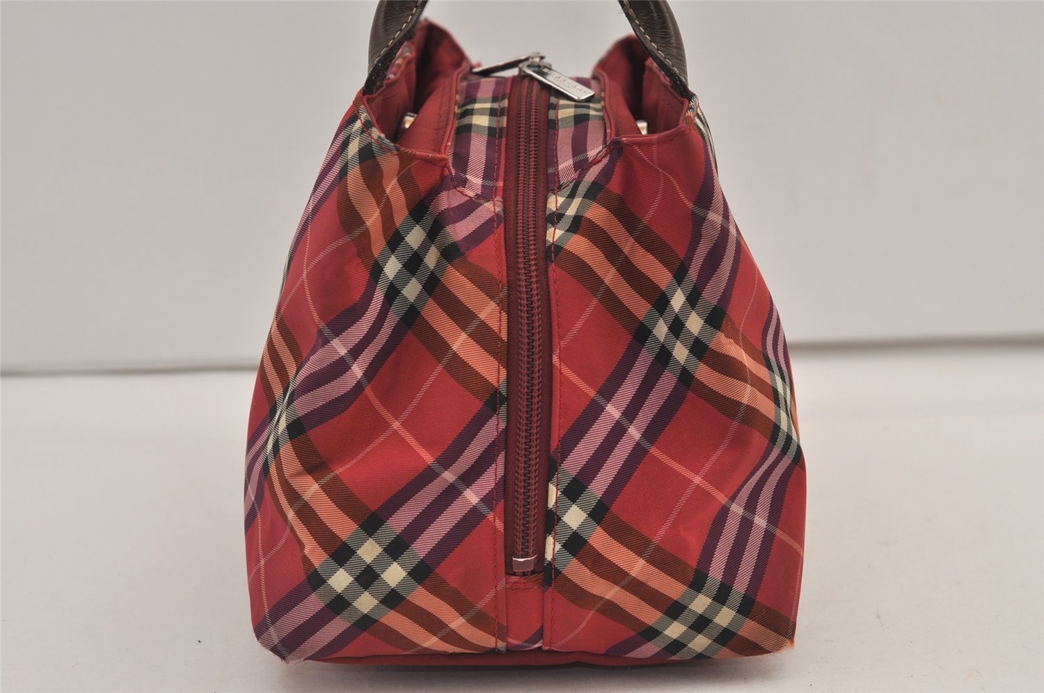 Authentic BURBERRY BLUE LABEL Check Hand Bag Purse Nylon Leather Red 7403J