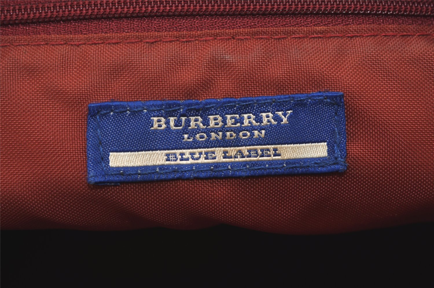 Authentic BURBERRY BLUE LABEL Check Hand Bag Purse Nylon Leather Red 7403J