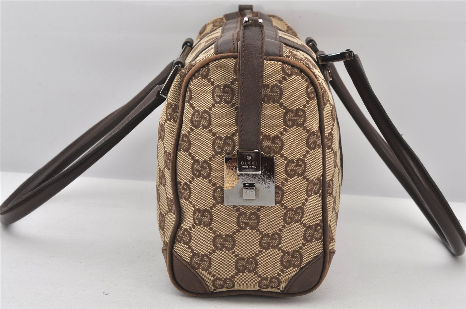 Authentic GUCCI Hand Boston Bag Purse GG Canvas Leather 30458 Brown 7408K