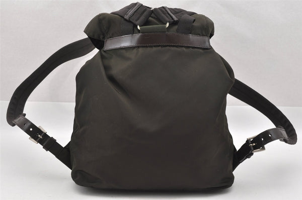 Authentic PRADA VELA Nylon Tessuto Leather Drawstring Backpack B4650 Khaki 7410I