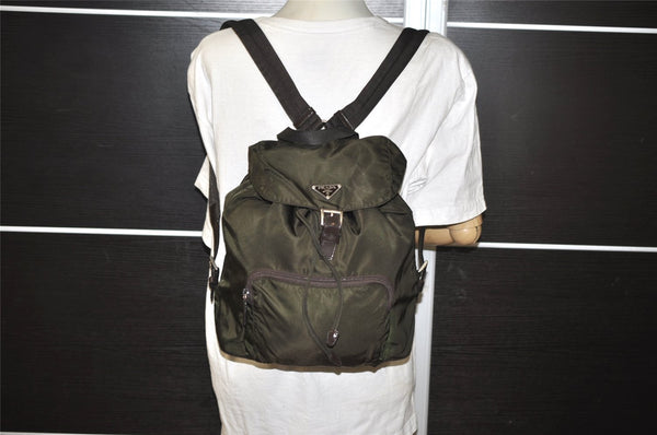 Authentic PRADA VELA Nylon Tessuto Leather Drawstring Backpack B4650 Khaki 7410I