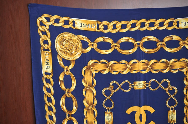 Authentic CHANEL Scarf Chain Motif CC Logo Silk Blue 7411G