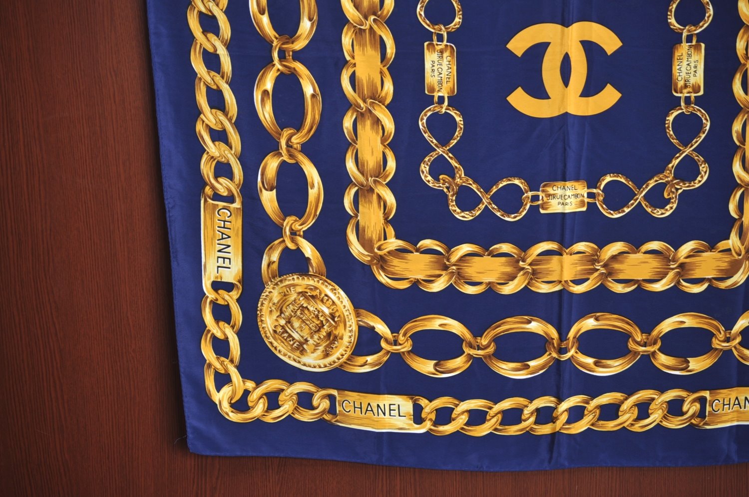 Authentic CHANEL Scarf Chain Motif CC Logo Silk Blue 7411G