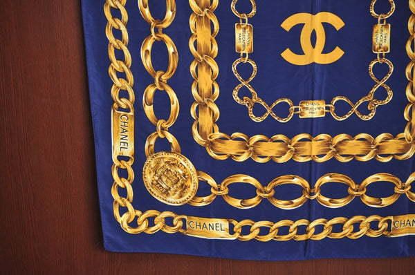 Authentic CHANEL Scarf Chain Motif CC Logo Silk Blue 7411G