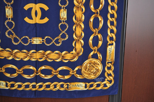 Authentic CHANEL Scarf Chain Motif CC Logo Silk Blue 7411G