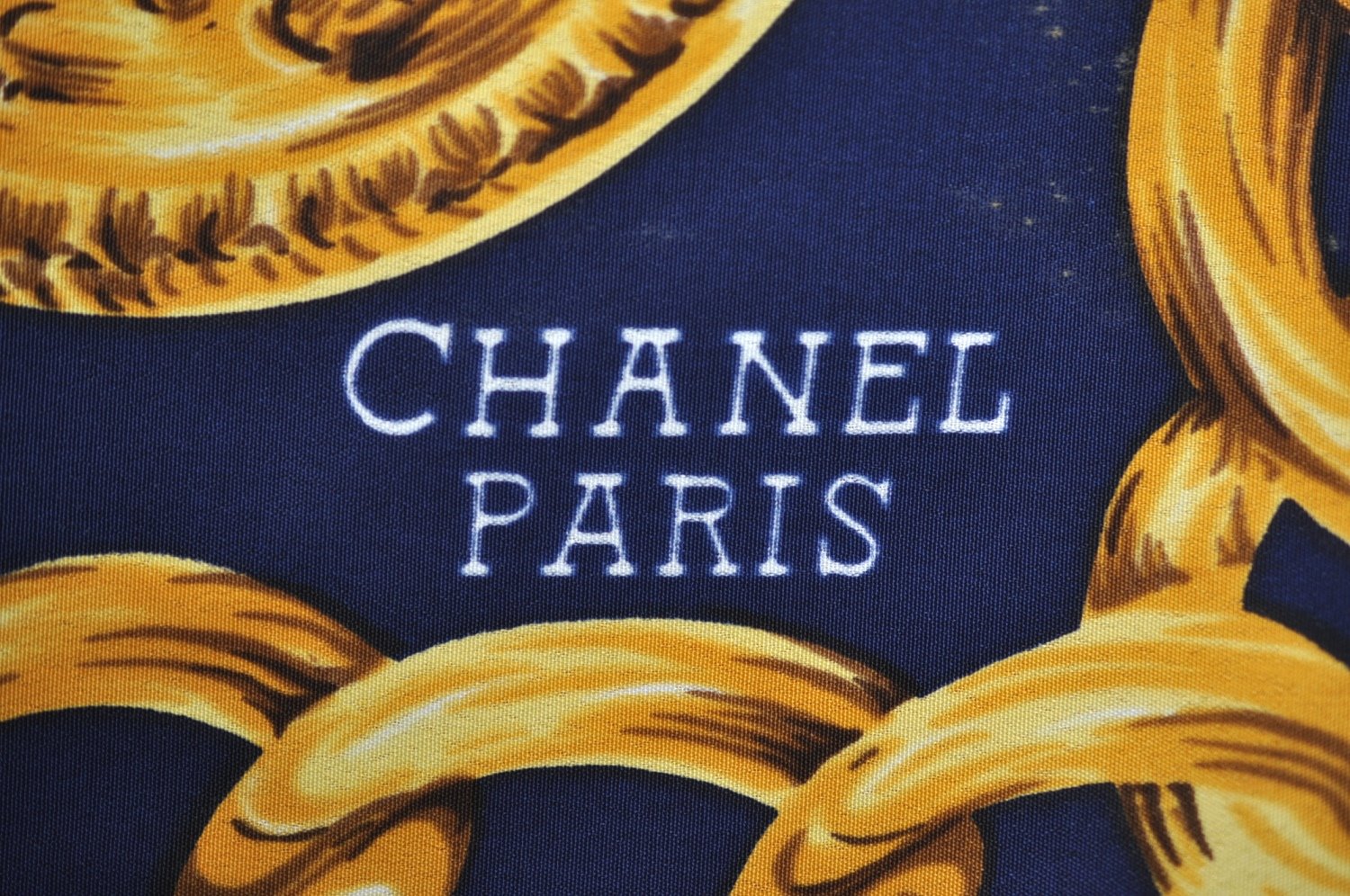 Authentic CHANEL Scarf Chain Motif CC Logo Silk Blue 7411G