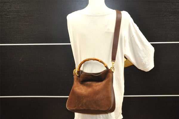 Authentic GUCCI Bamboo 2way Hand Shoulder Bag Suede Leather Brown Junk 7412I