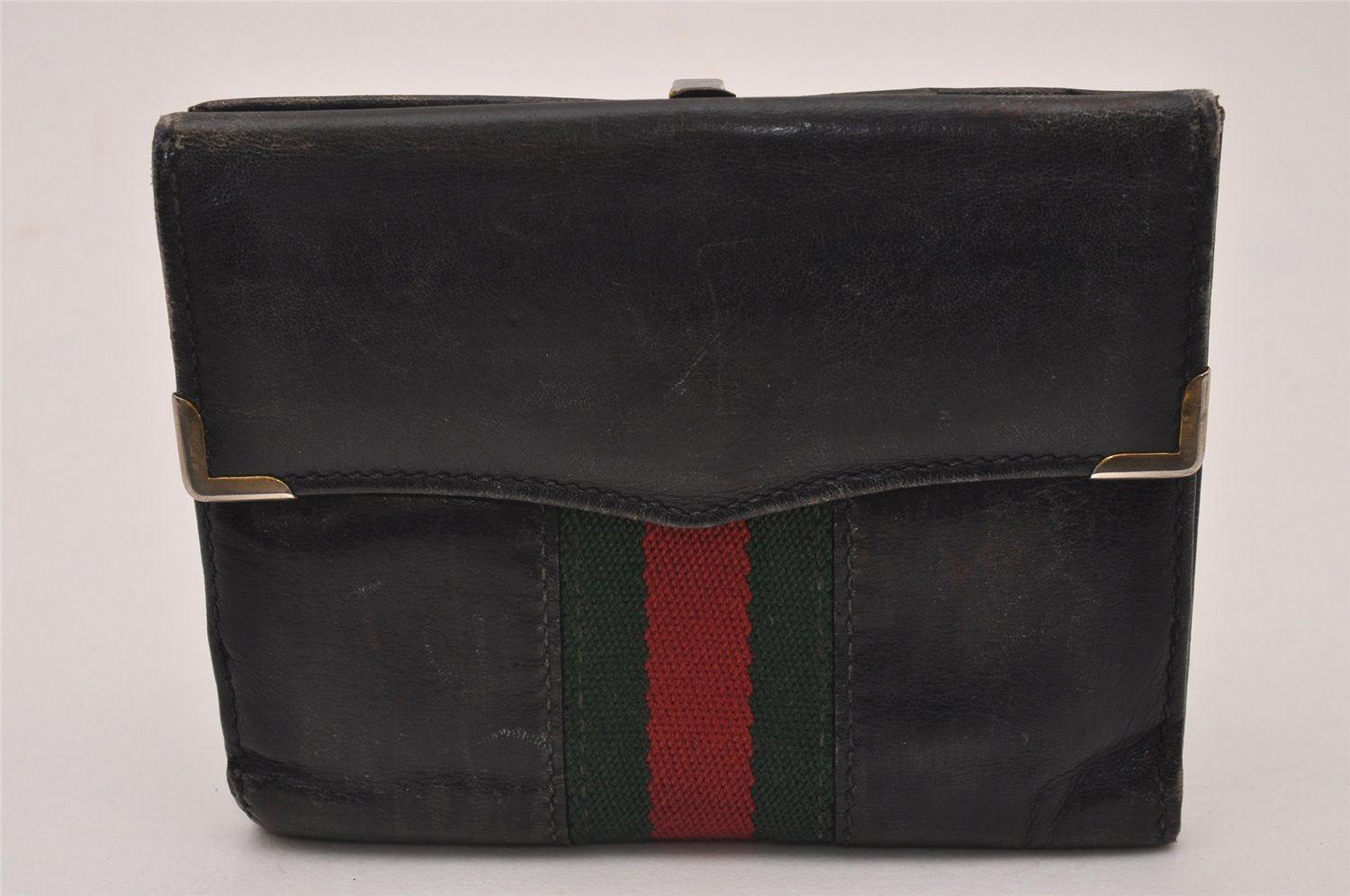 Authentic GUCCI Web Sherry Line Bifold Wallet Purse Leather Black 2Set 7413I