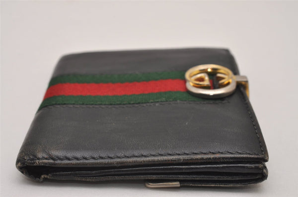 Authentic GUCCI Web Sherry Line Bifold Wallet Purse Leather Black 2Set 7413I