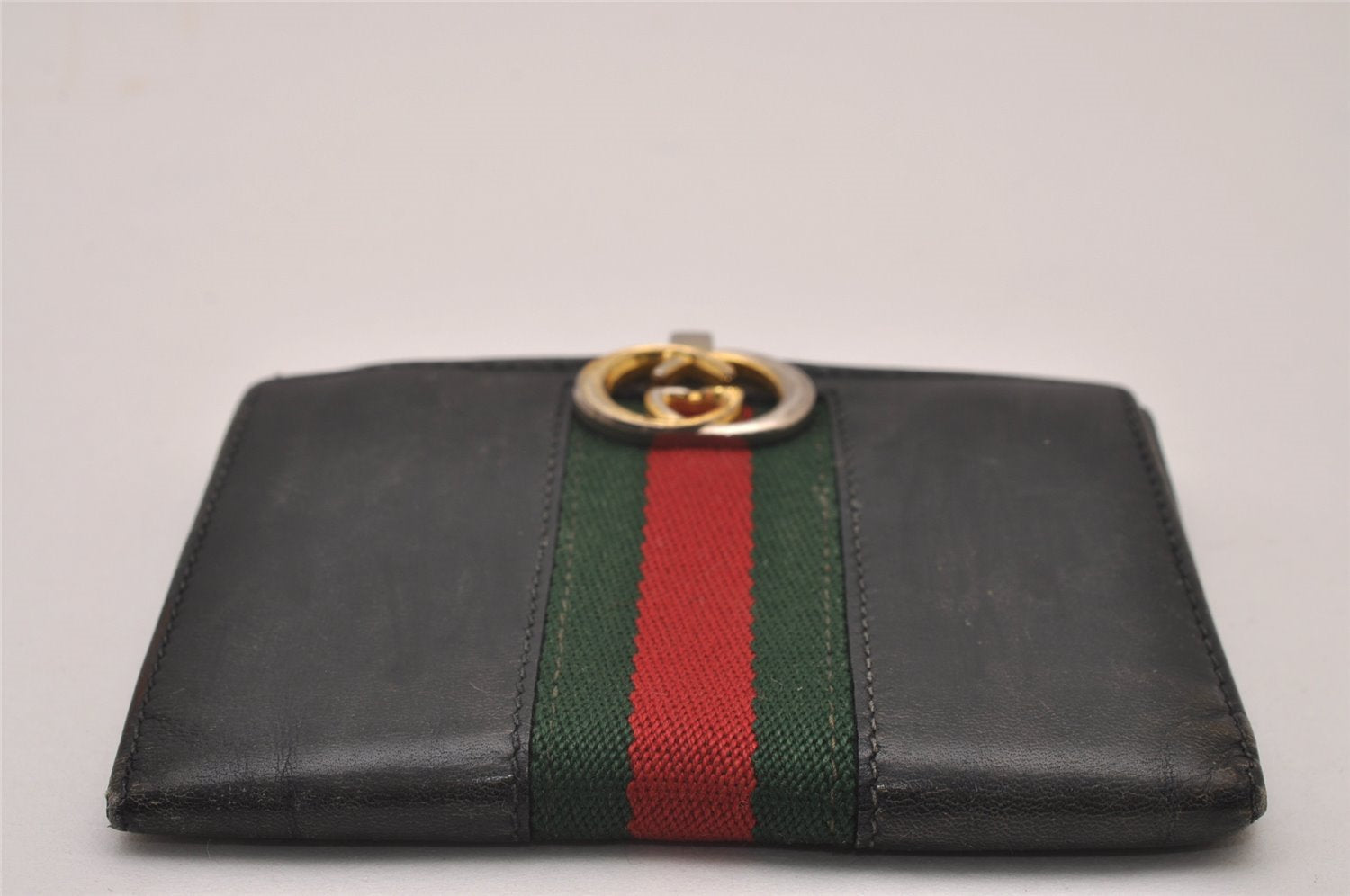 Authentic GUCCI Web Sherry Line Bifold Wallet Purse Leather Black 2Set 7413I