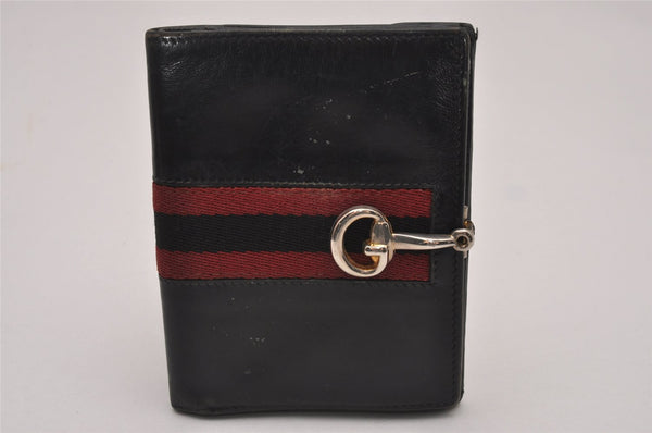 Authentic GUCCI Web Sherry Line Bifold Wallet Purse Leather Black 2Set 7413I