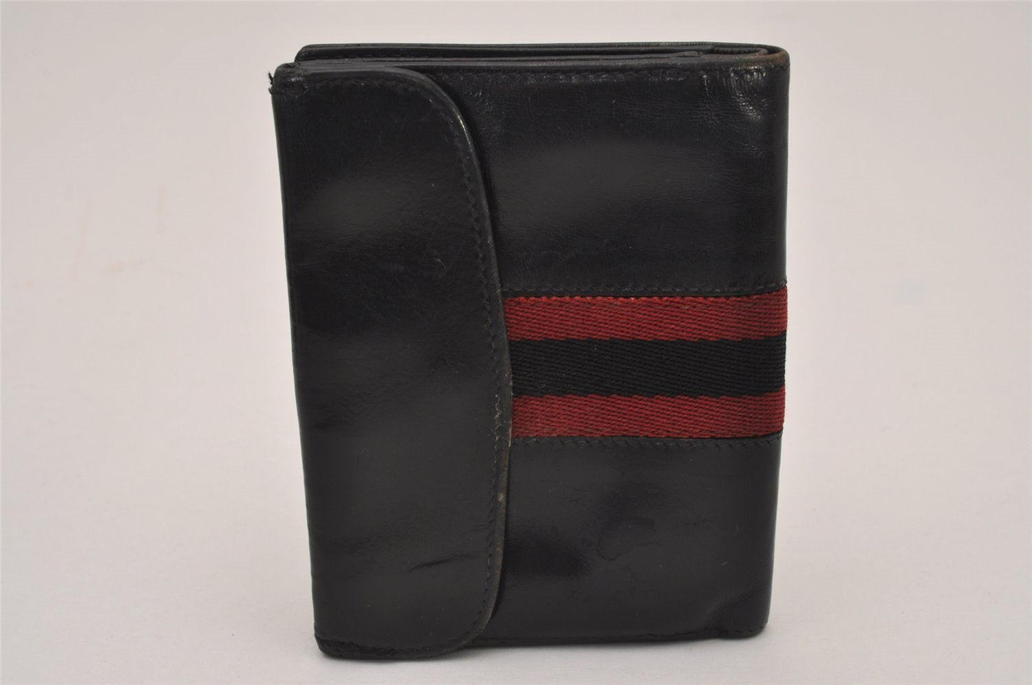 Authentic GUCCI Web Sherry Line Bifold Wallet Purse Leather Black 2Set 7413I