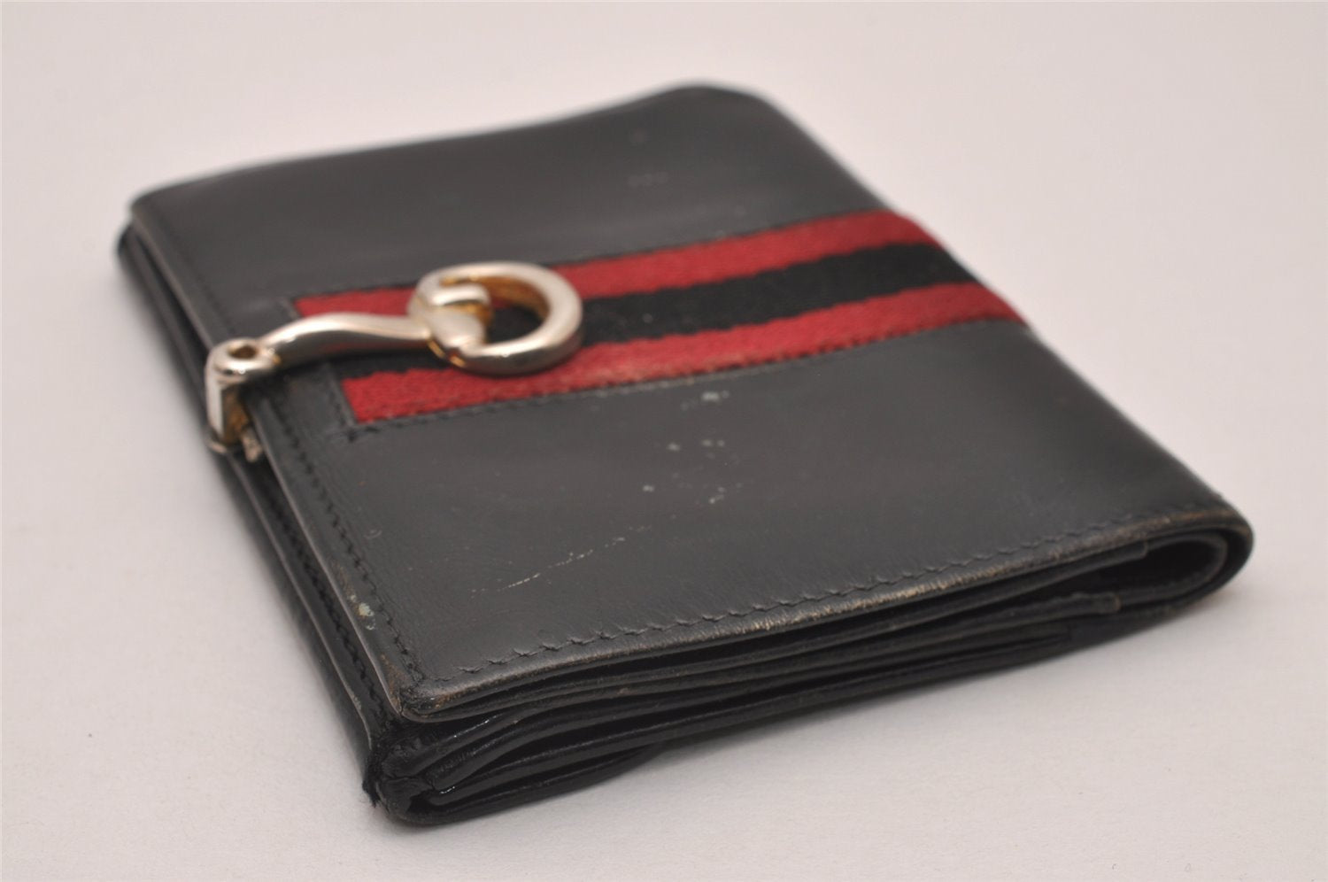 Authentic GUCCI Web Sherry Line Bifold Wallet Purse Leather Black 2Set 7413I