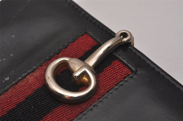 Authentic GUCCI Web Sherry Line Bifold Wallet Purse Leather Black 2Set 7413I