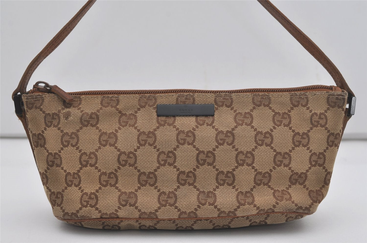 Authentic GUCCI Hand Bag Pouch Purse GG Canvas Leather 07198 Brown 7415I