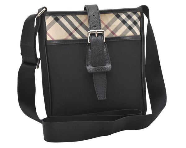 Authentic BURBERRY Nova Check Shoulder Cross Body Bag Nylon Leather Black 7416K