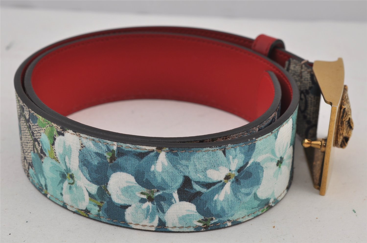 Auth GUCCI GG Blooms Metal Cat Belt GG PVC Leather 70cm 27.6