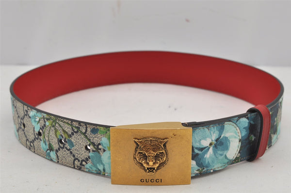 Auth GUCCI GG Blooms Metal Cat Belt GG PVC Leather 70cm 27.6" 546384 Blue 7418J