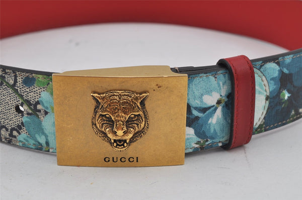 Auth GUCCI GG Blooms Metal Cat Belt GG PVC Leather 70cm 27.6" 546384 Blue 7418J