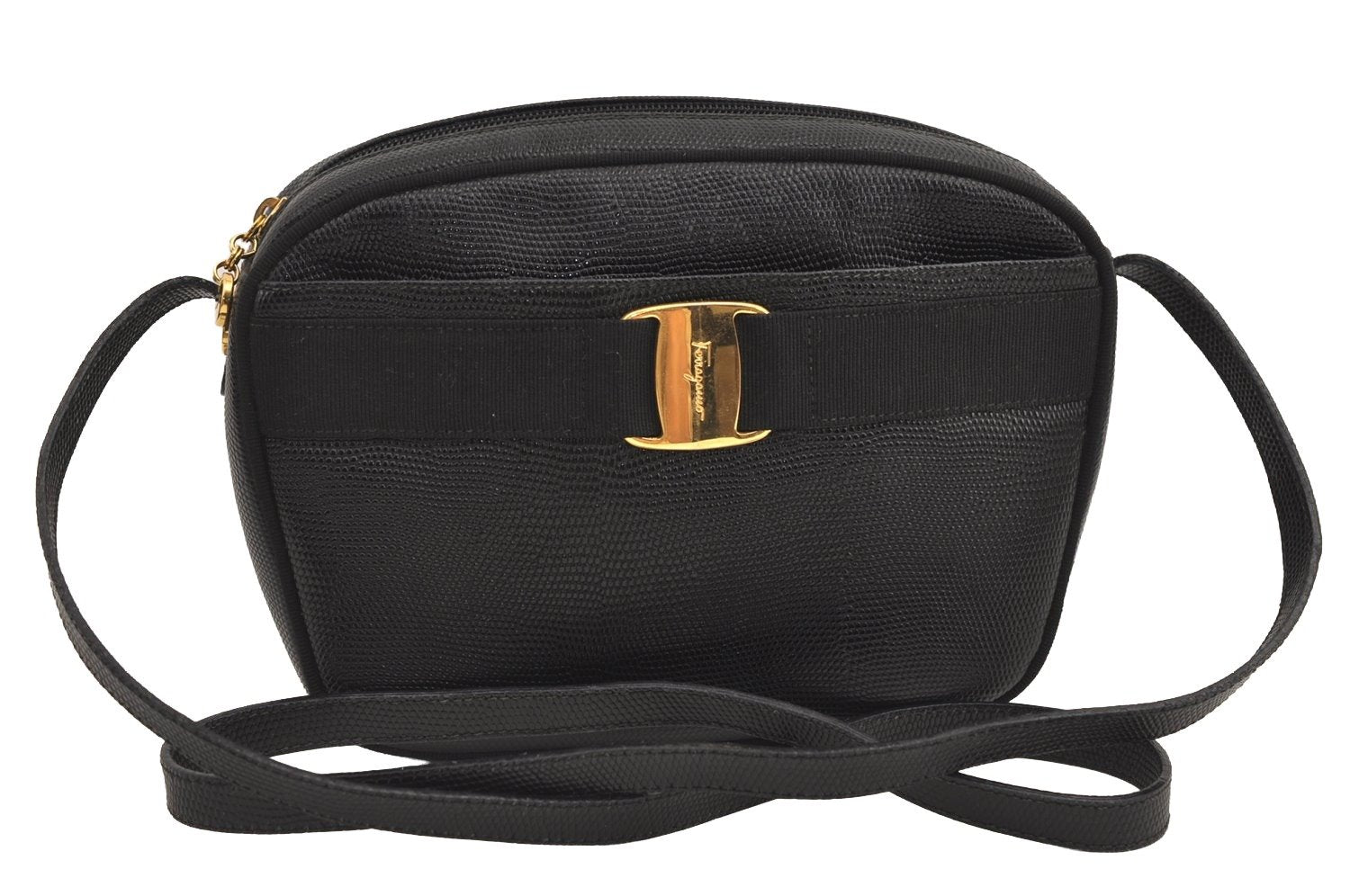 Authentic Salvatore Ferragamo Vara Shoulder Cross Bag Leather Black SF 7424J