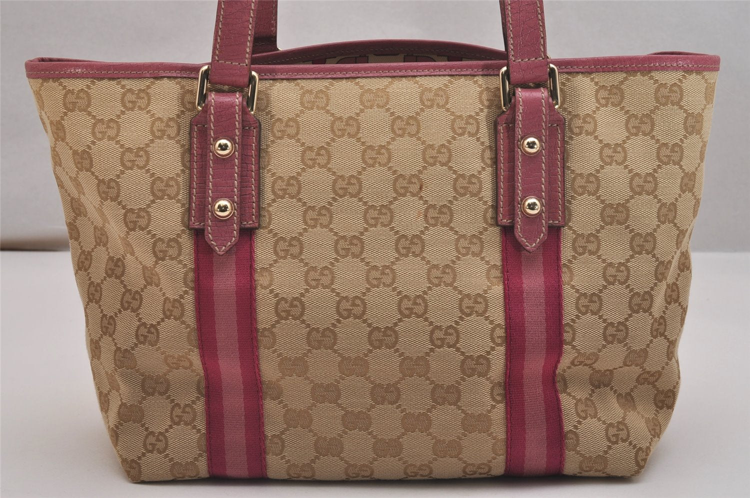 Authentic GUCCI Sherry Line Tote Bag GG Canvas Leather 137396 Beige Pink 7428J