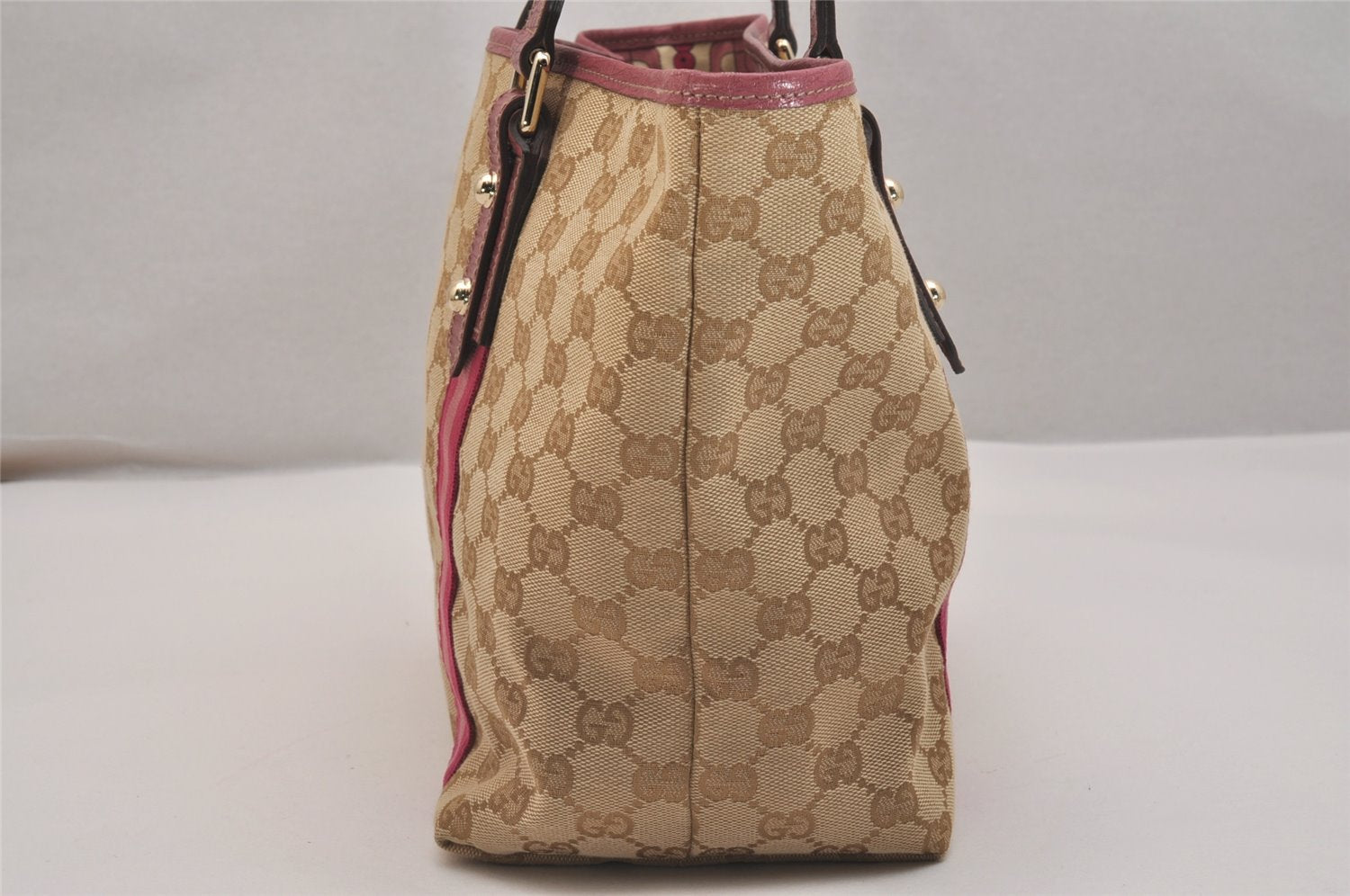 Authentic GUCCI Sherry Line Tote Bag GG Canvas Leather 137396 Beige Pink 7428J