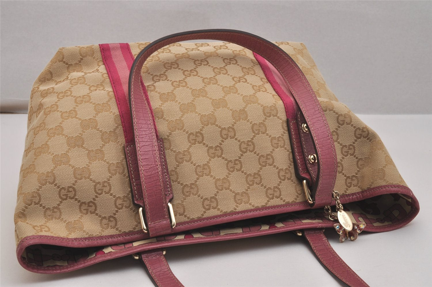 Authentic GUCCI Sherry Line Tote Bag GG Canvas Leather 137396 Beige Pink 7428J