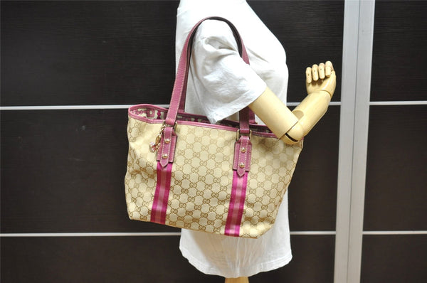 Authentic GUCCI Sherry Line Tote Bag GG Canvas Leather 137396 Beige Pink 7428J