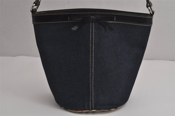 Authentic BURBERRY BLUE LABEL Denim Leather Check Shoulder Hand Bag Blue 7429J