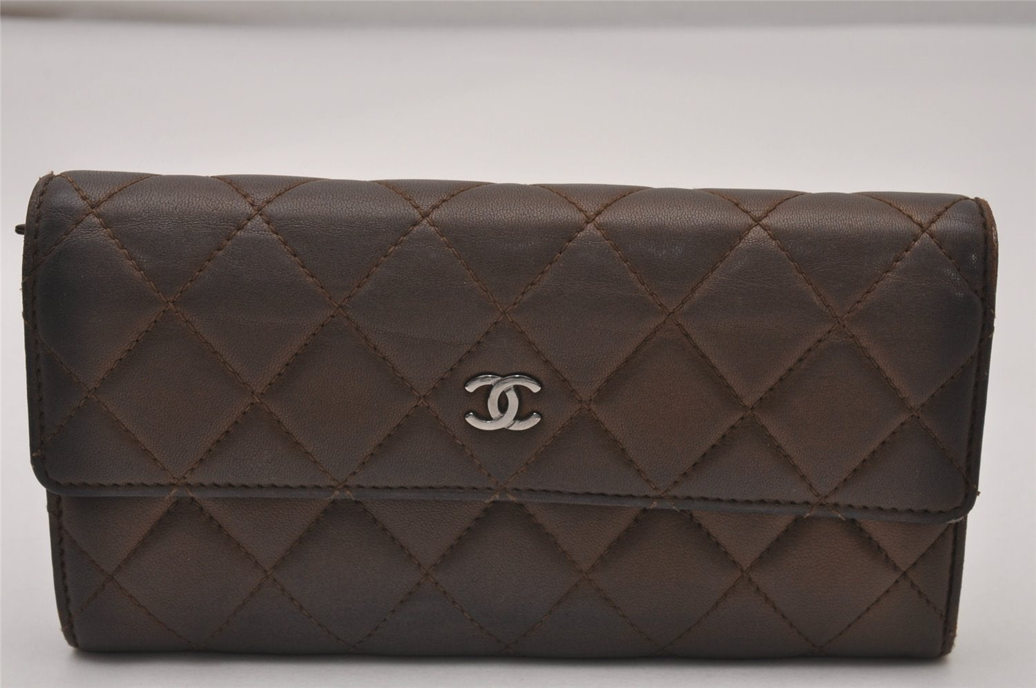 Authentic CHANEL Lamb Skin Matelasse CC Logo Long Wallet Purse Brown 7436I