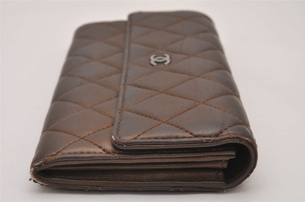 Authentic CHANEL Lamb Skin Matelasse CC Logo Long Wallet Purse Brown 7436I