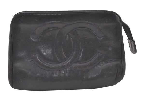 Authentic CHANEL Vintage Calf Skin Pouch Purse Black CC Logo Junk 7436K