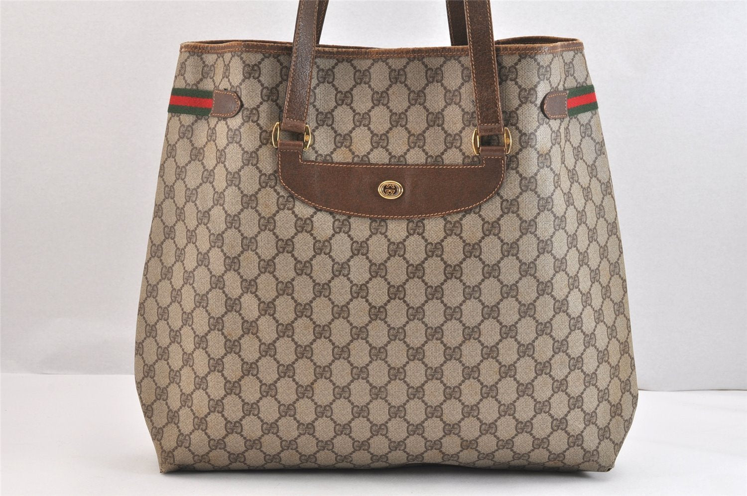 Authentic GUCCI Web Sherry Line Shoulder Tote Bag GG PVC Leather Brown 7440K