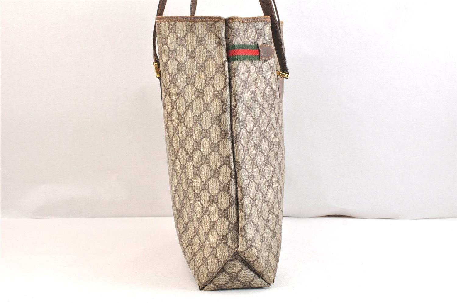 Authentic GUCCI Web Sherry Line Shoulder Tote Bag GG PVC Leather Brown 7440K