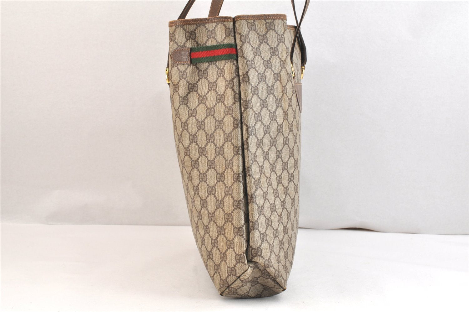 Authentic GUCCI Web Sherry Line Shoulder Tote Bag GG PVC Leather Brown 7440K