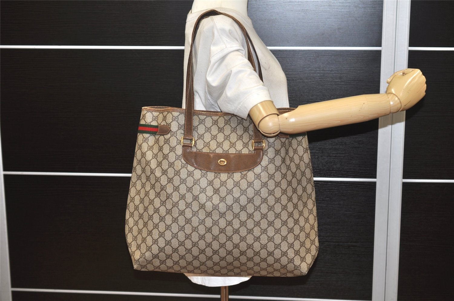 Authentic GUCCI Web Sherry Line Shoulder Tote Bag GG PVC Leather Brown 7440K