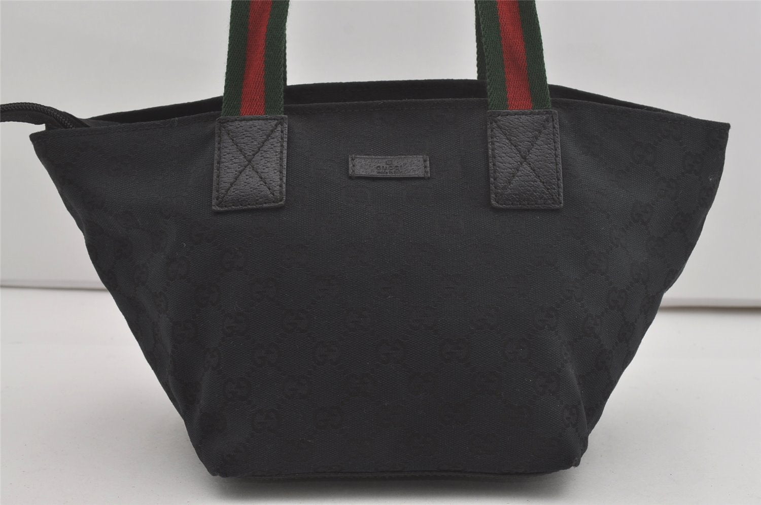 Authentic GUCCI Web Sherry Line Tote Bag GG Canvas Leather 131228 Black 7443I