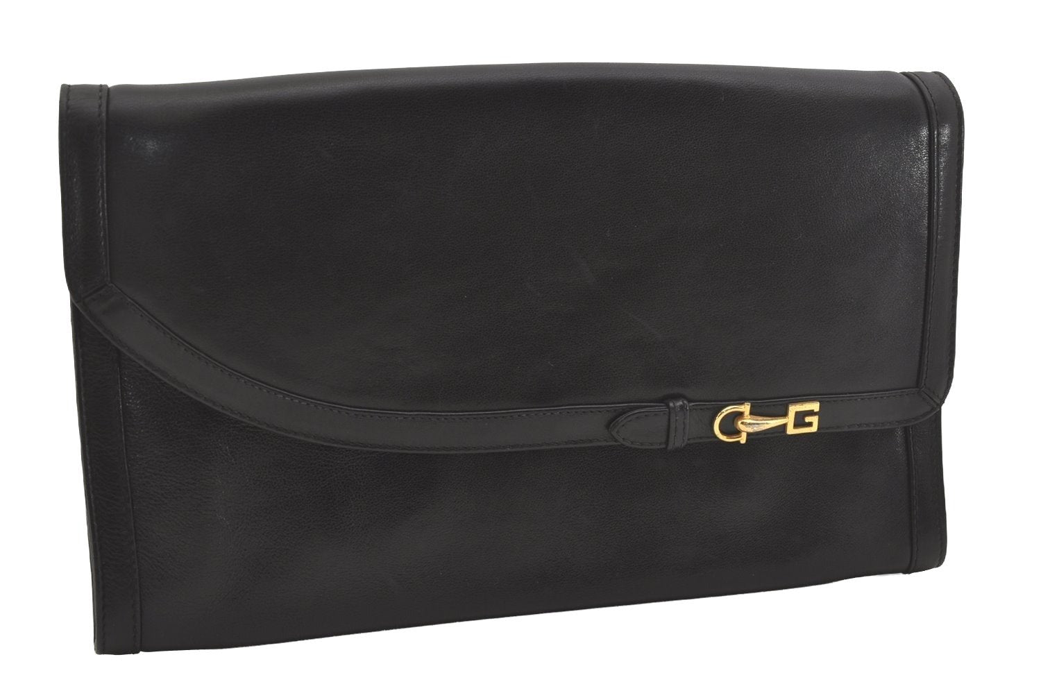 Authentic GUCCI Vintage Clutch Hand Bag Purse Leather Black 7446I