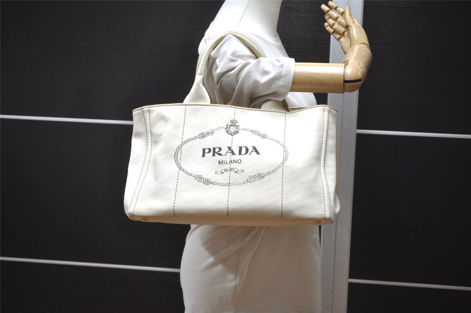 Authentic PRADA Vintage Canapa M Canvas 2Way Shoulder Hand Bag White 7450I