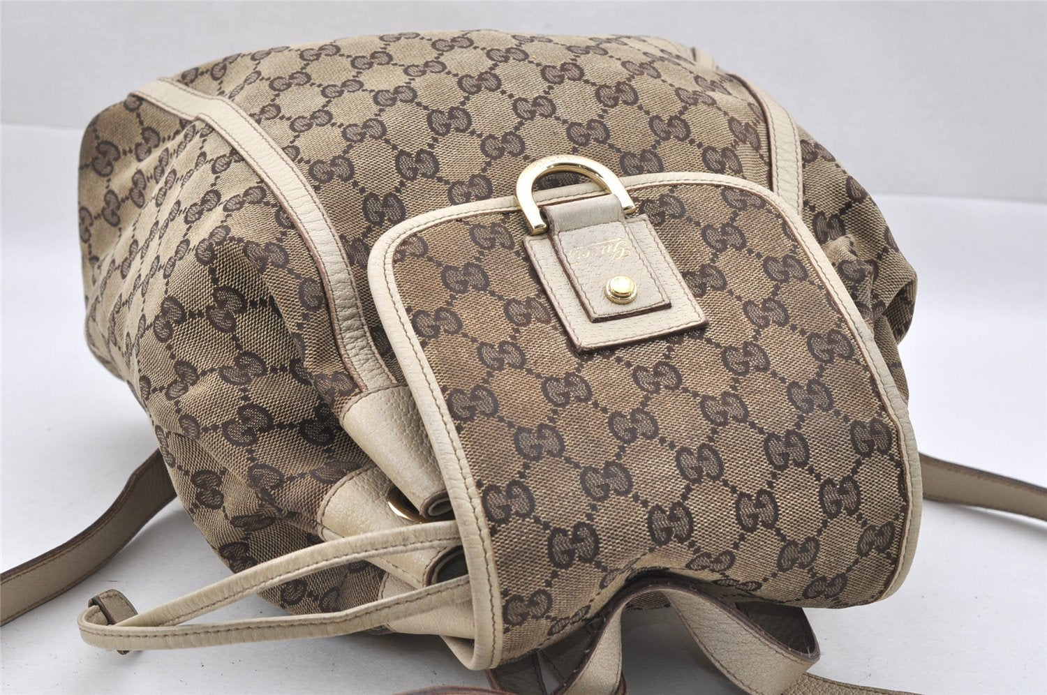 Authentic GUCCI Vintage Abbey Backpack GG Canvas Leather 141642 Brown 7454I