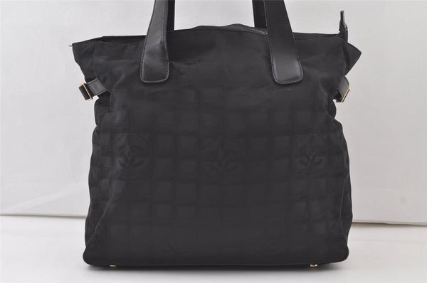 Authentic CHANEL New Travel Line Shoulder Tote Bag Nylon Leather Black 7455K