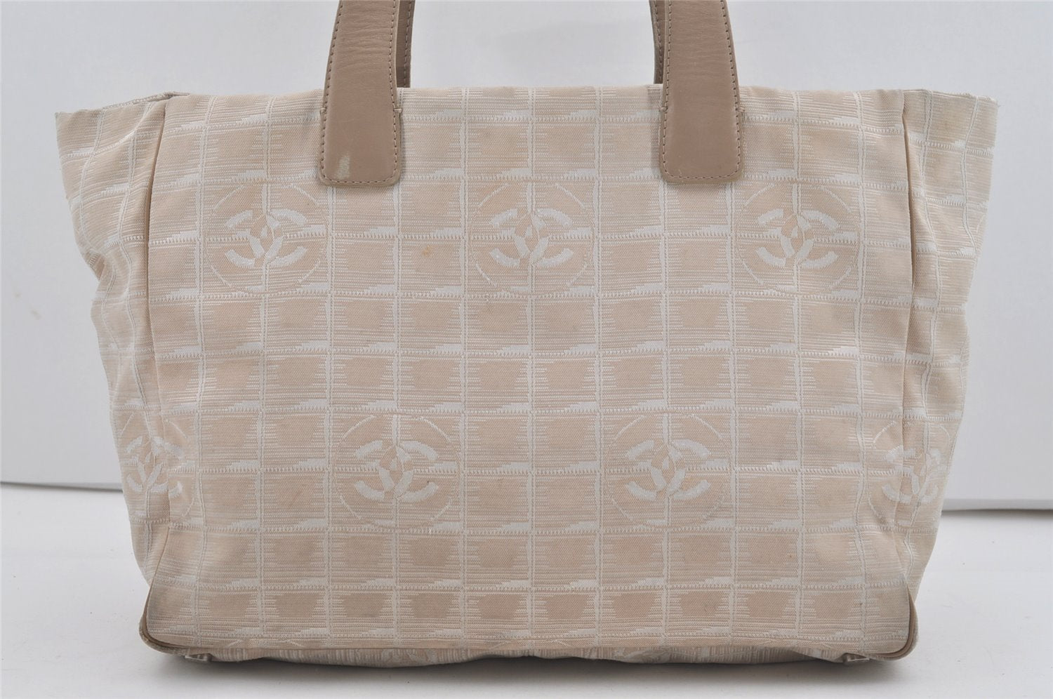 Authentic CHANEL New Travel Line Shoulder Tote Bag Nylon Leather Beige 7456I